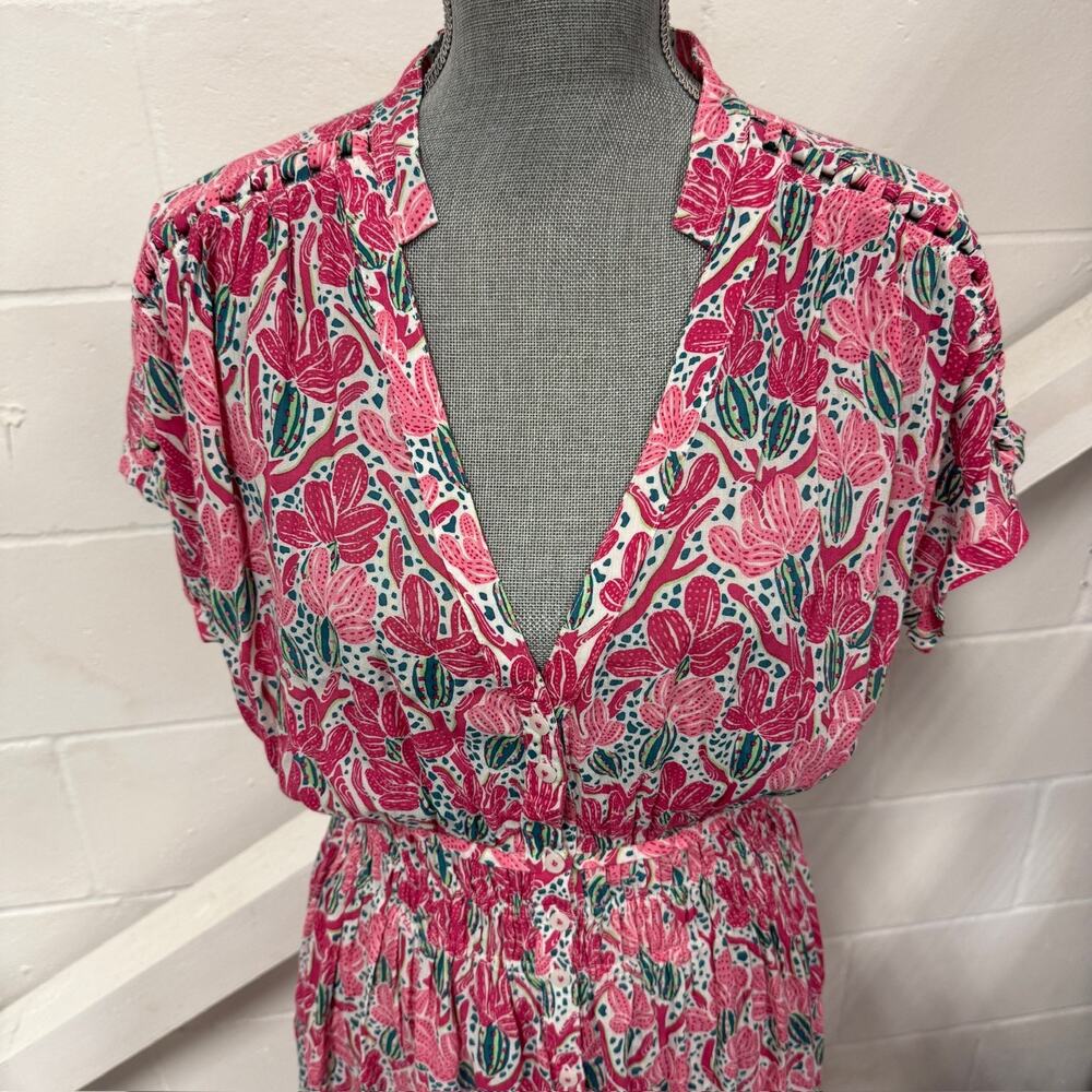 Poupette St Barth Becky Pink Kaktus Print Button Front Short Sleeve Maxi Dress - Picture 3 of 14